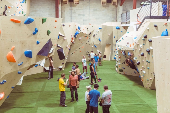 Overview of Yonder indoor bouldering centre on opening day with climbers