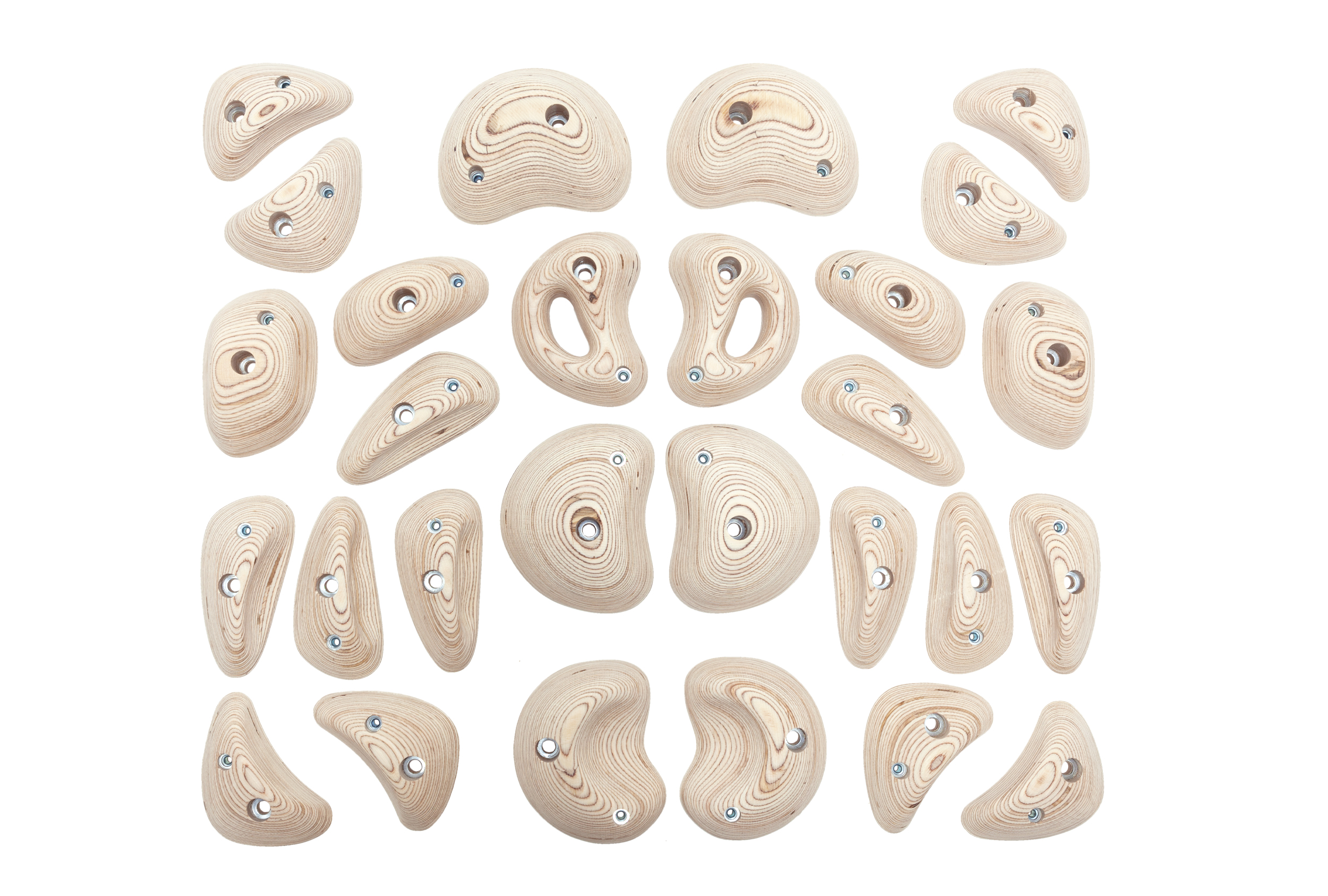 28 bolt on and screw on plywood climbing holds displayed symetrically