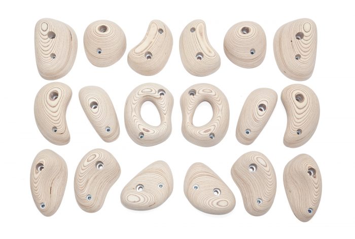 18 bolt on and screw on wood climbing holds displayed symetrically
