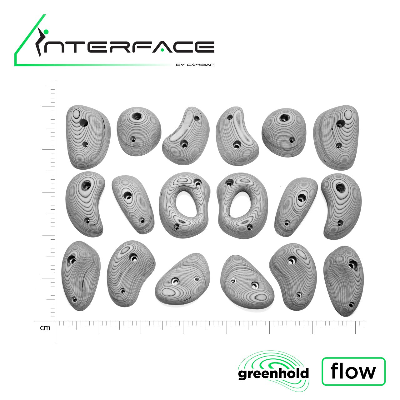 9 symmetrical paired climbing holds with scale bar graduated in centimetres