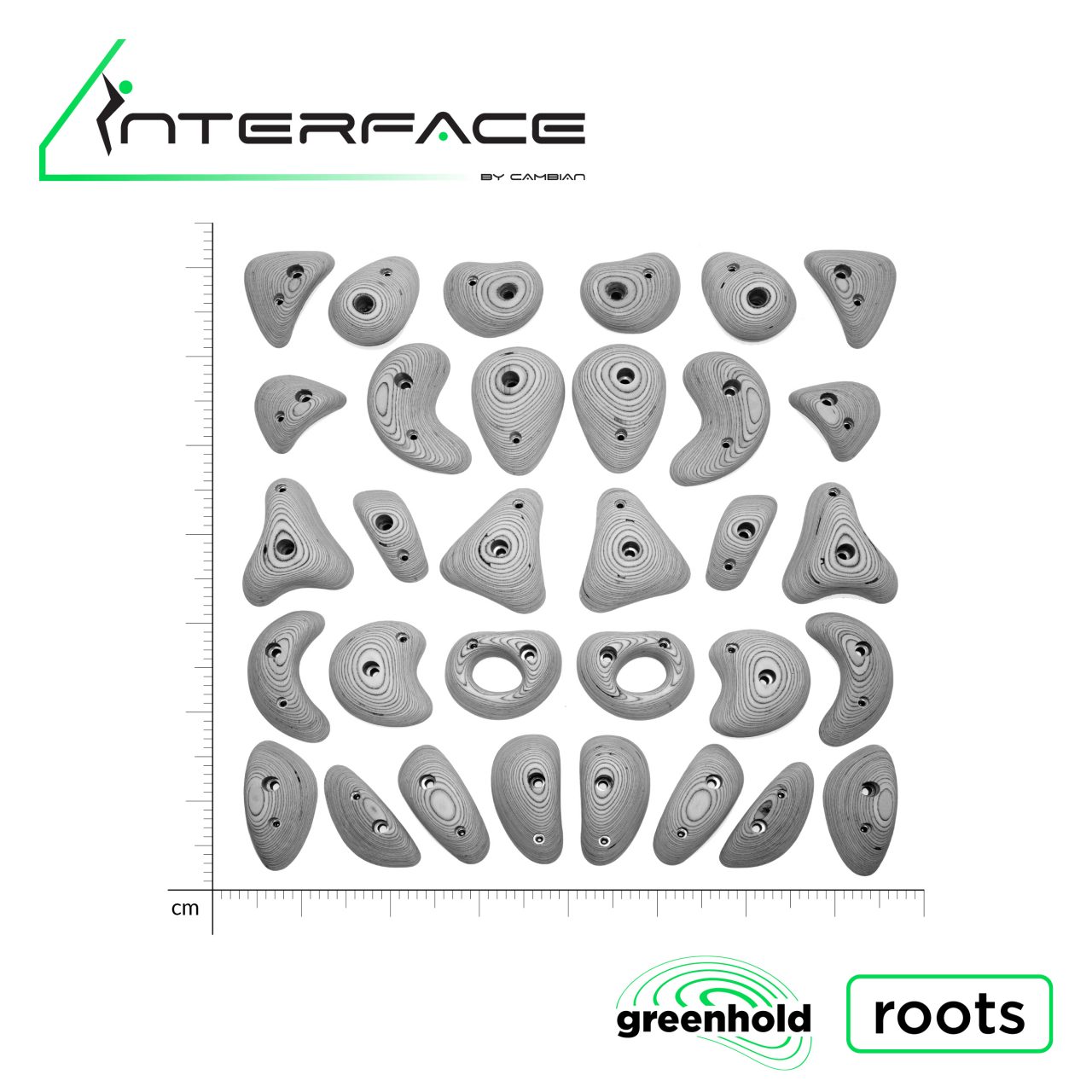 16 symmetrical paired climbing holds with scale bar graduated in centimetres